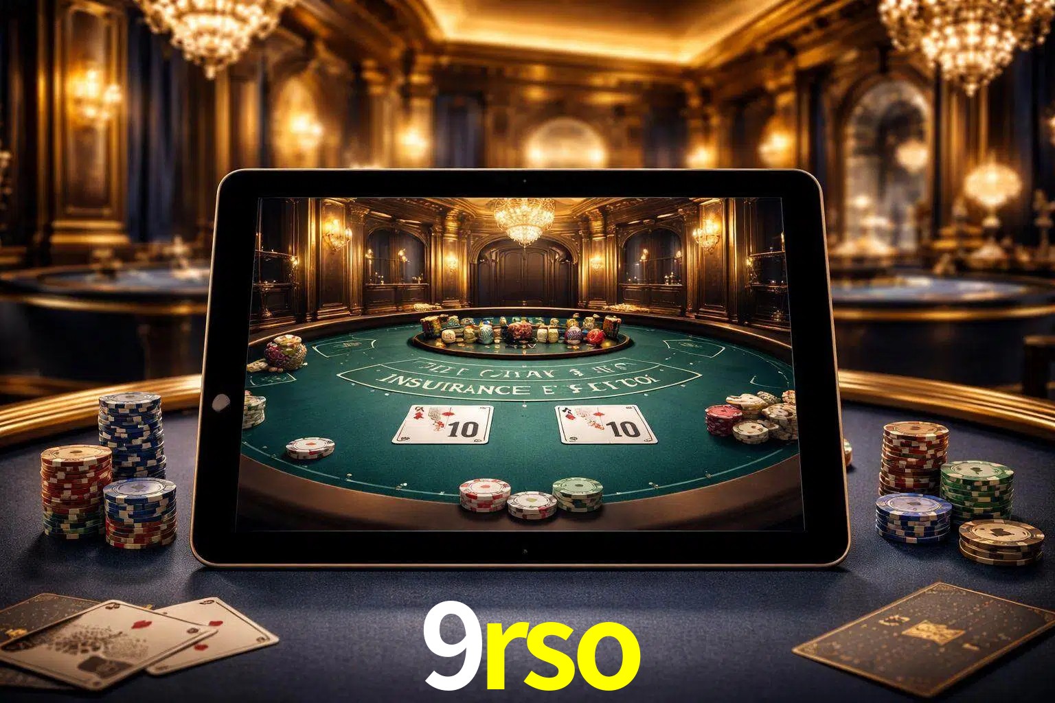 Configuración moderna de casino en vivo con una tableta mostrando una mesa de blackjack, luces cálidas de estudio y una atmósfera elegante de juegos digitales.