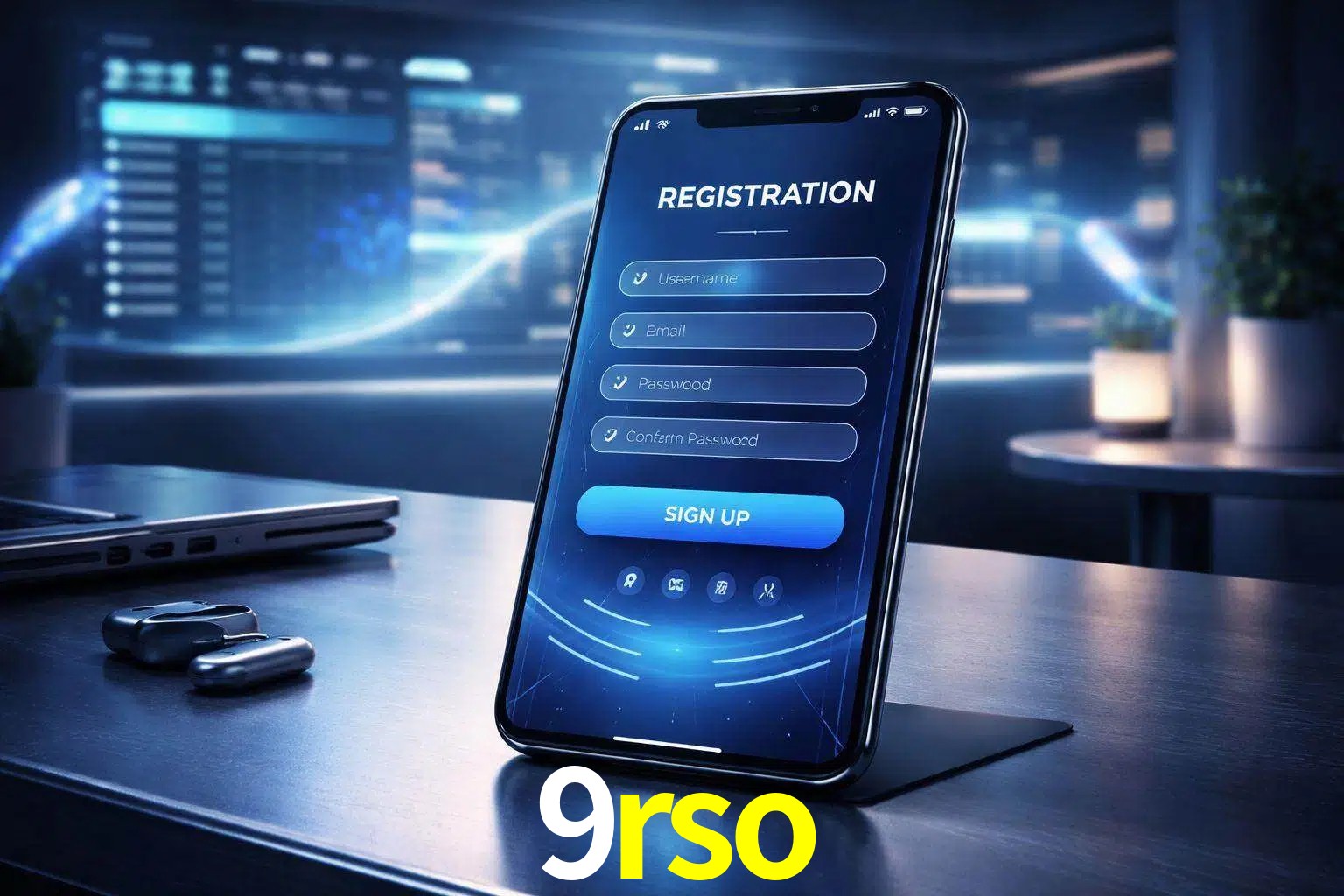 Una interfaz moderna de registro móvil para 9rso mostrada en un smartphone con un panel de apuestas elegante.